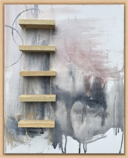 ladder painting by kristin llamas framed in float canvas frame.